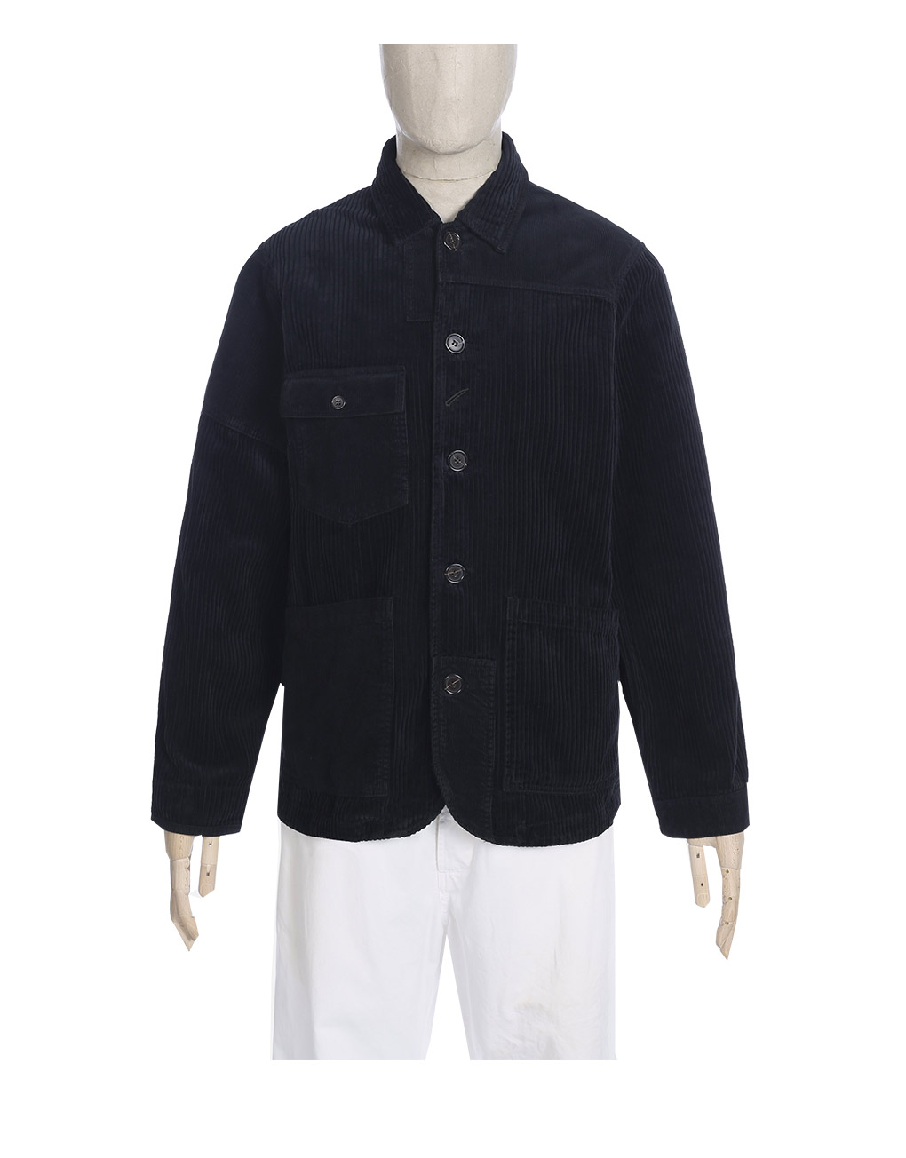 Universal Works – Patched mill bakers jacket in black jumbo cord