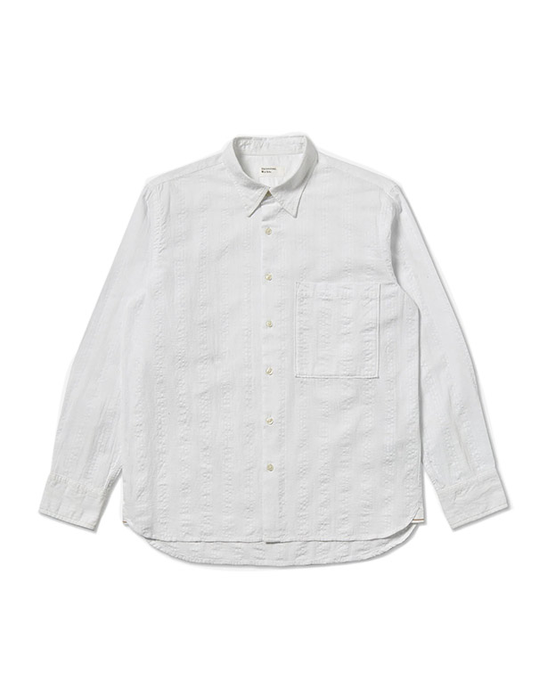 UNIVERSAL WORKS – Square Pocket shirt in white self-stripe cotton